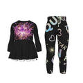Completo bimba: tunica nera con grafica viola e leggings fantasia spaziale.