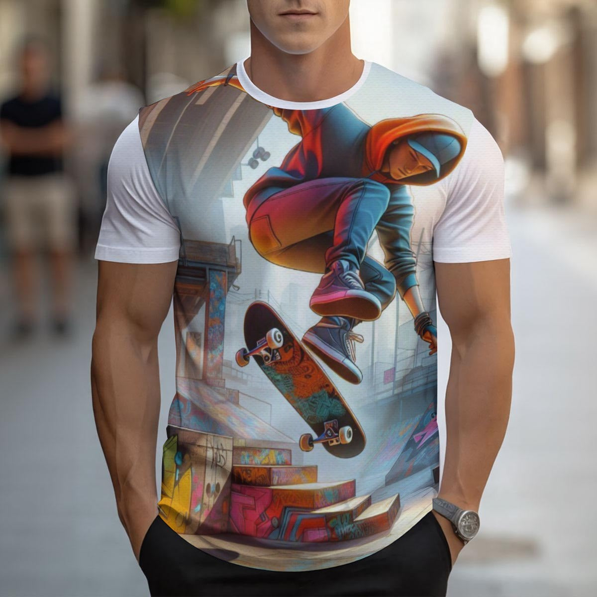 T-shirt da uomo bianca con stampa grafica colorata sul davanti