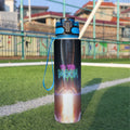Borraccia sportiva 32 oz nera con tappo blu e tracolla, stampa lunare frontale