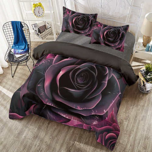 Copripiumino nero con grande rosa viola, due federe e motivo floreale