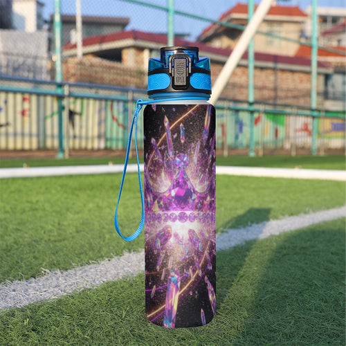 Borraccia sportiva da 32 oz con motivo luminoso viola, tappo blu e cordino