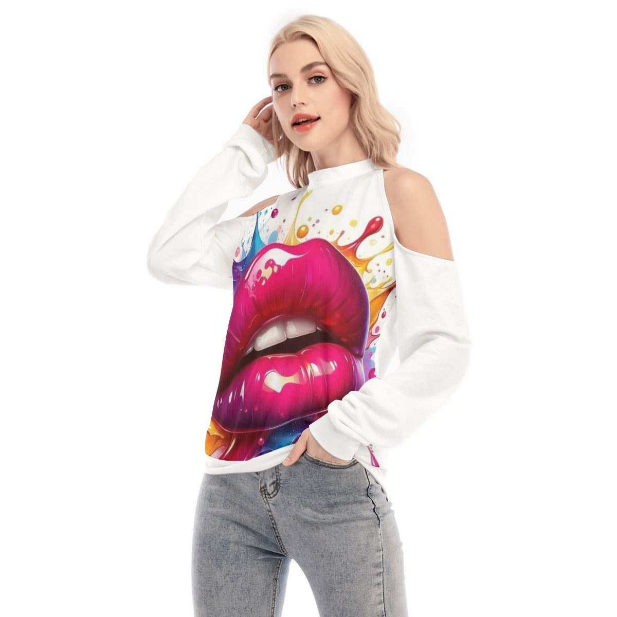 Felpa donna bianca senza spalline con stampa labbra fucsia e maniche a spalla scoperta