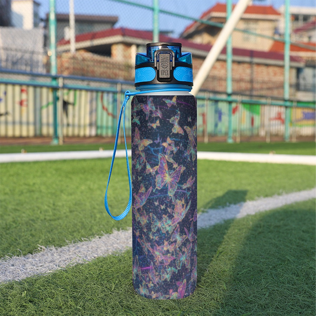 Borraccia sportiva da 32 oz con coperchio blu e stampa farfalle multicolore