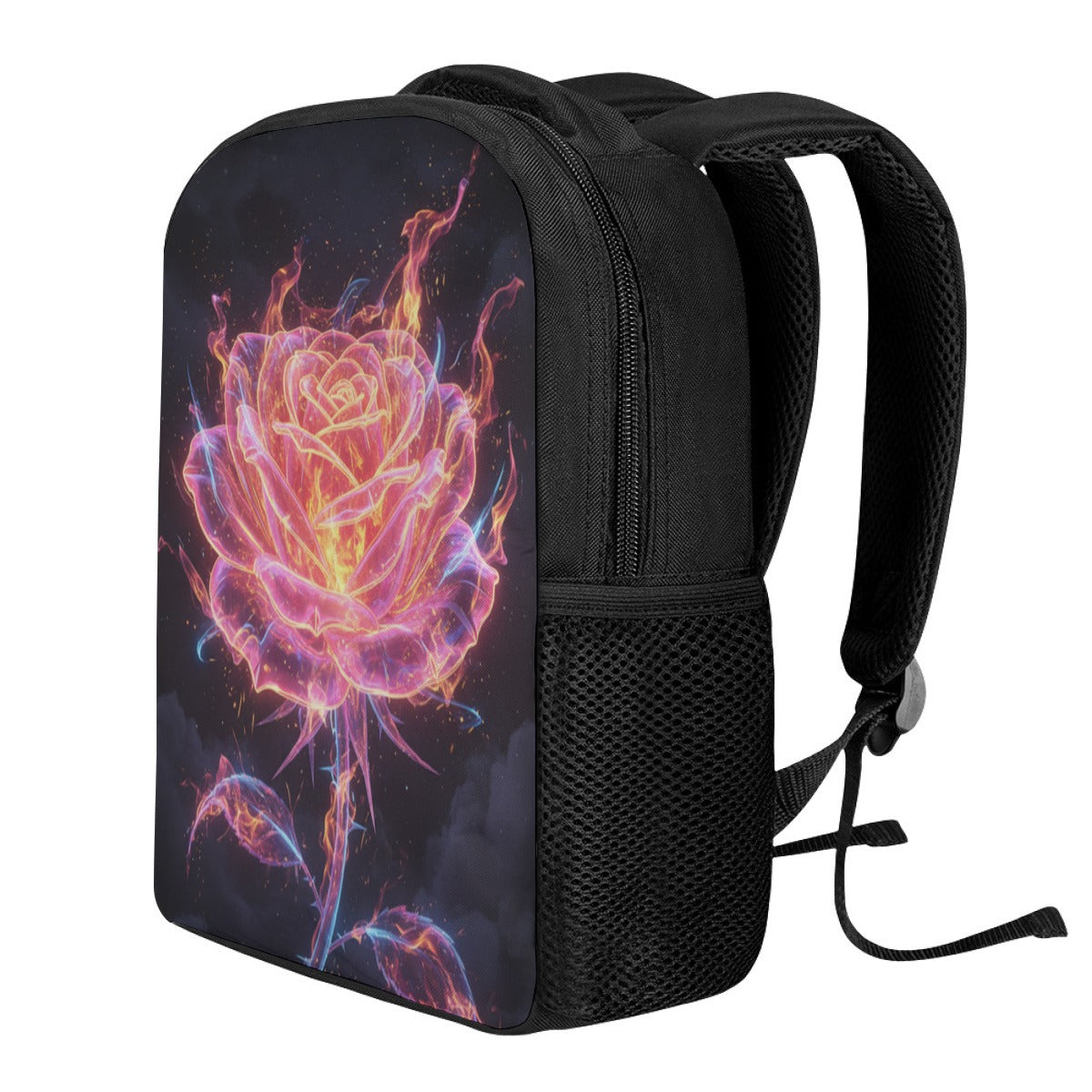 Black backpack with front zipper and neon rose-flame graphic, side handle