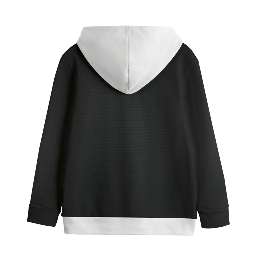Felpa con cappuccio nero e fodera bianca, bordo inferiore bianco