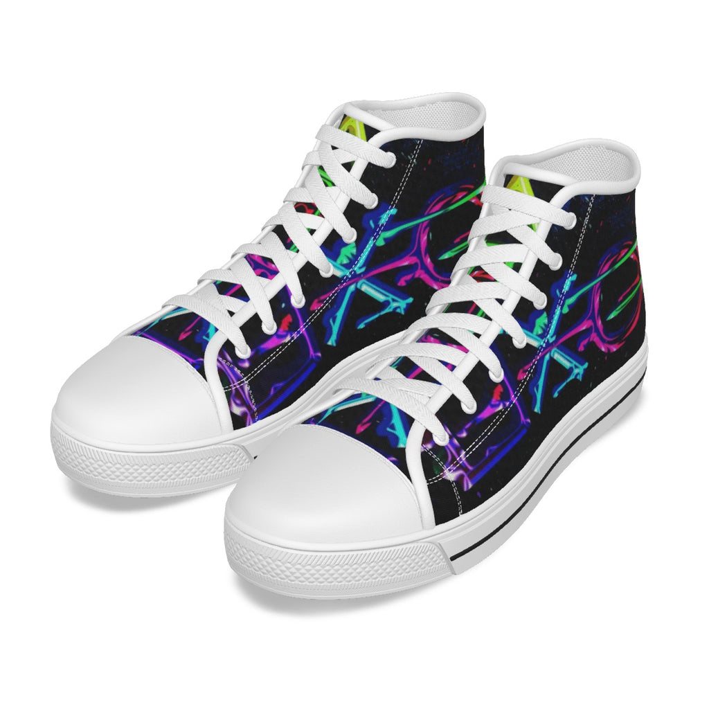 Scarpe alte bimbo con stampa neon su tela nera, lacci bianchi, punta bianca