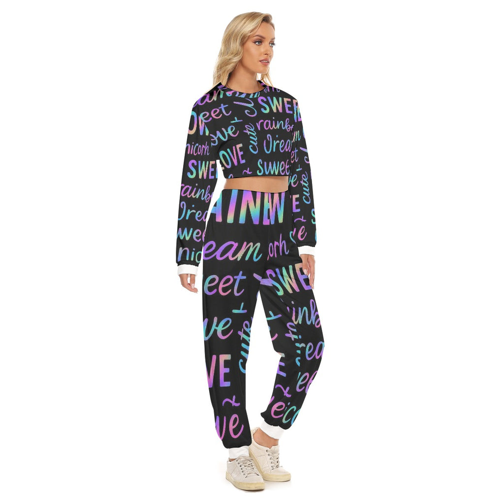 Tuta da donna fondo scuro con scritte multicolore, felpa con cappuccio e pantaloni jogger