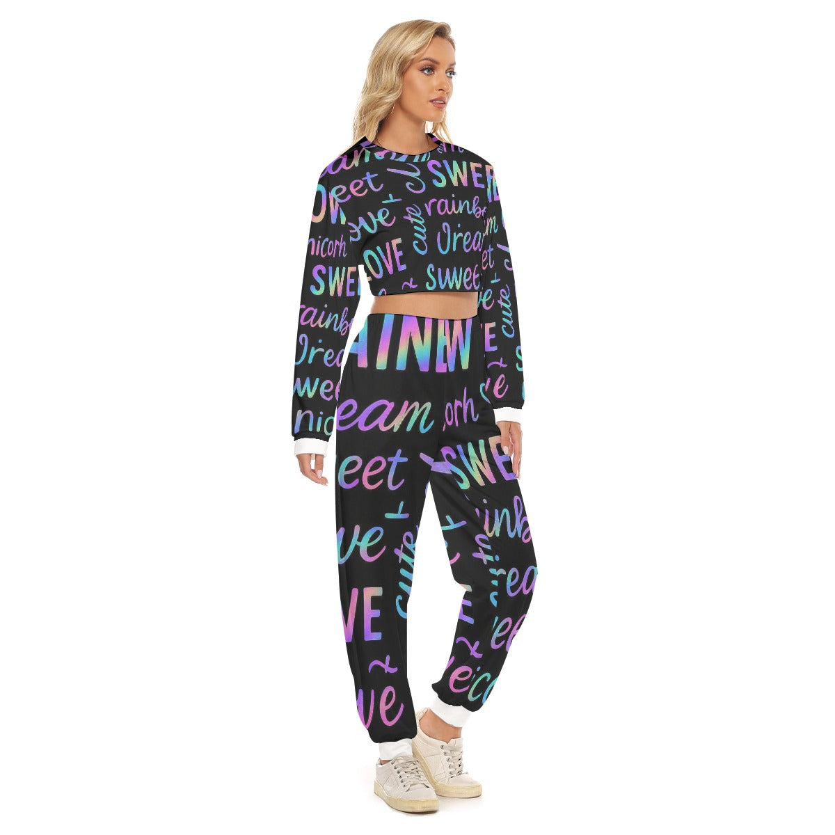 Tuta da donna fondo scuro con scritte multicolore, felpa con cappuccio e pantaloni jogger