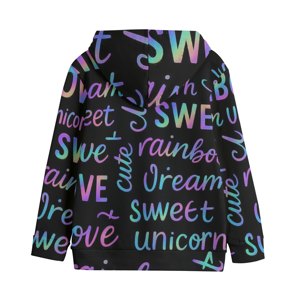 Felpa con cappuccio bimbi nera, stampa unicorn arcobaleno e scritte multicolore
