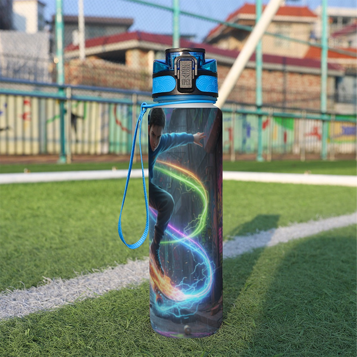 32 oz spor su şişesi, mavi kapaklı askılı; parlak renk geçişli uzay desenli