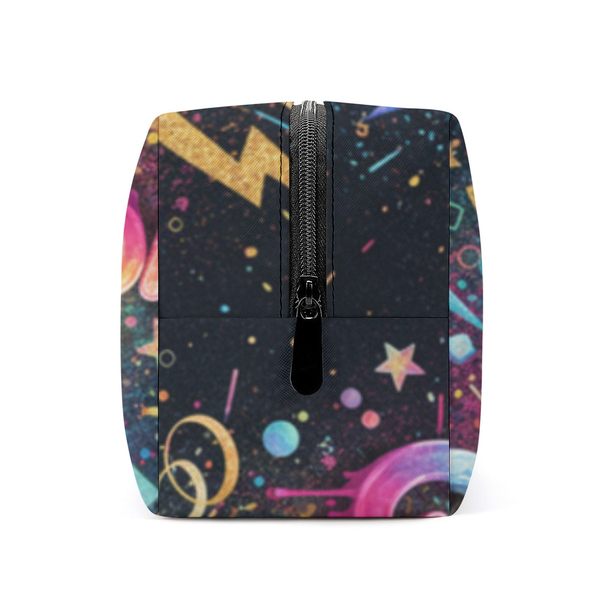Astuccio cosmetici PU rettangolare con zip nera centrale e stampa astratta colorata.
