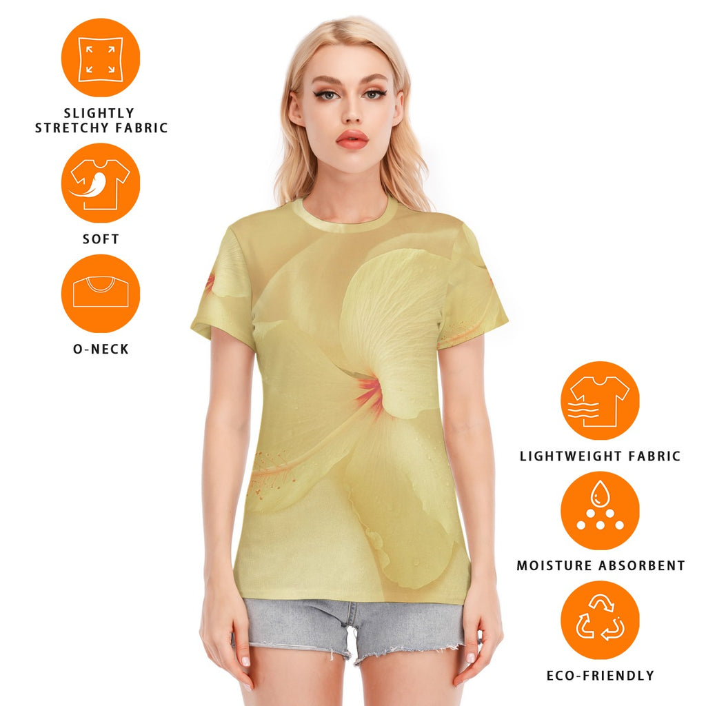 Maglietta donna giallo chiaro con scollo rotondo e stampa floreale, tessuto leggero