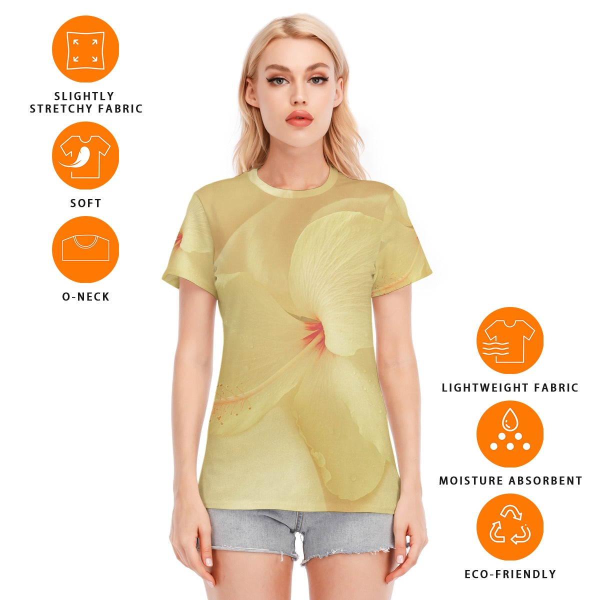 Maglietta donna giallo chiaro con scollo rotondo e stampa floreale, tessuto leggero