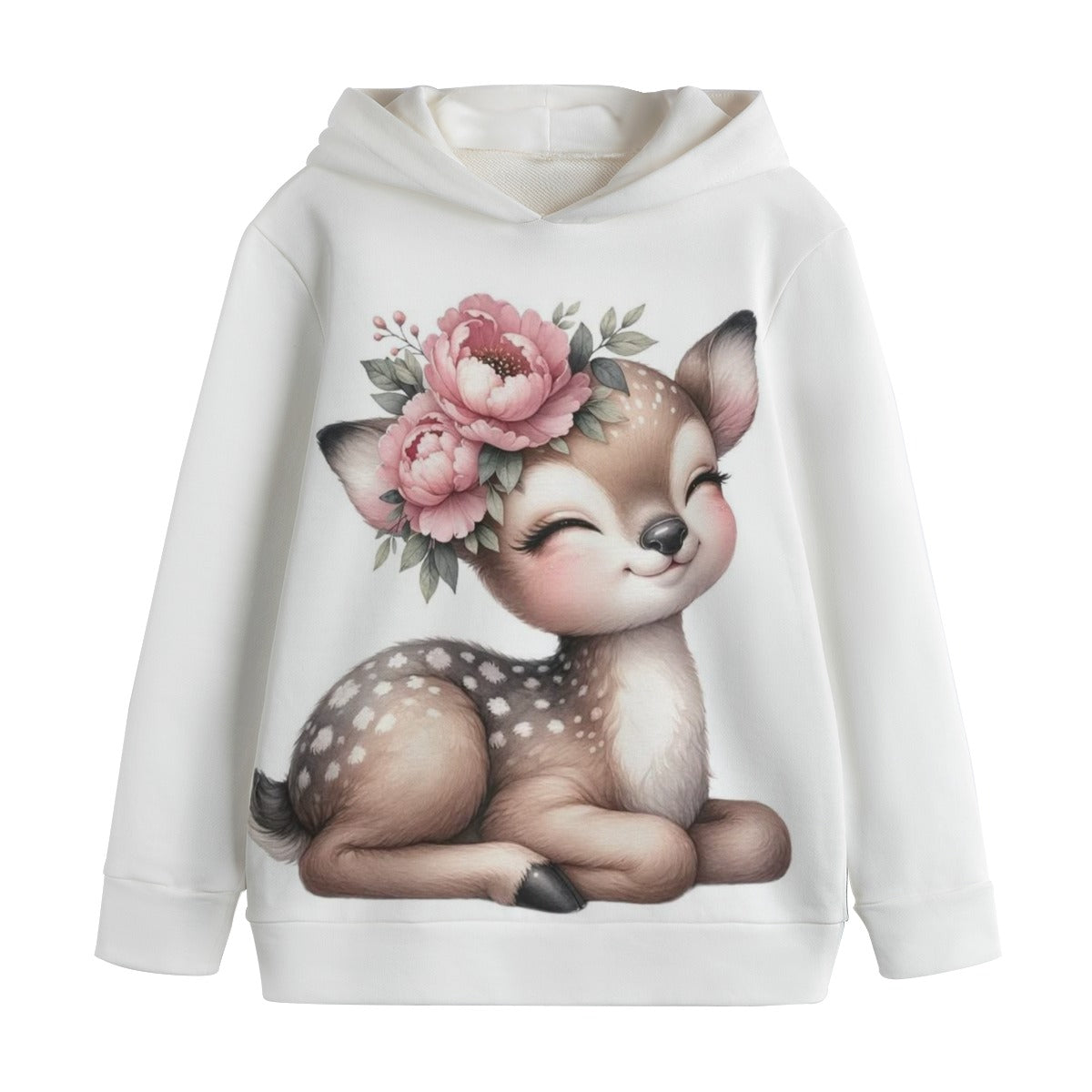 Felpa con cappuccio bianca per bambina, stampa gattina e fiori sul davanti