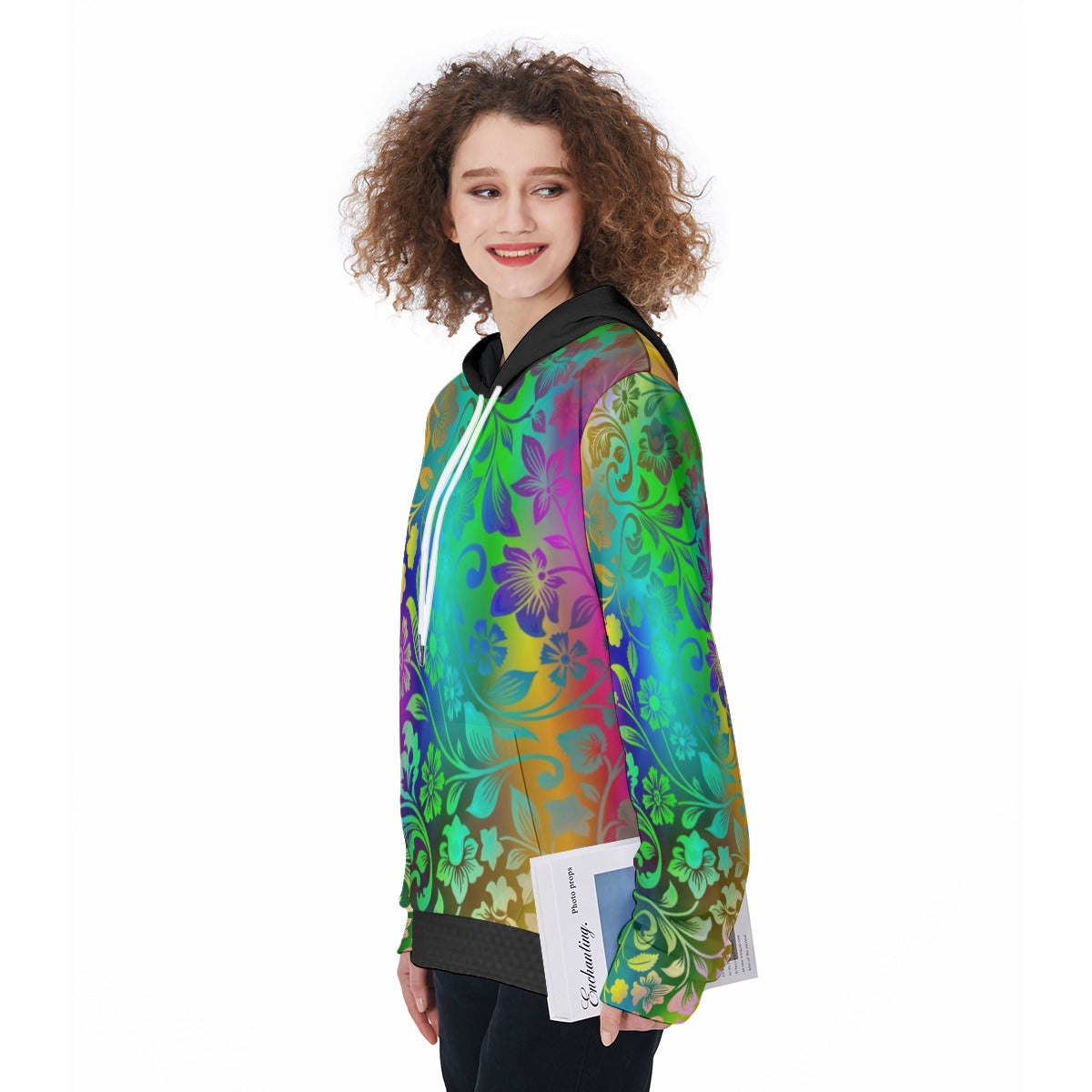 Felpa con cappuccio da donna fantasia floreale multicolor con cappuccio nero