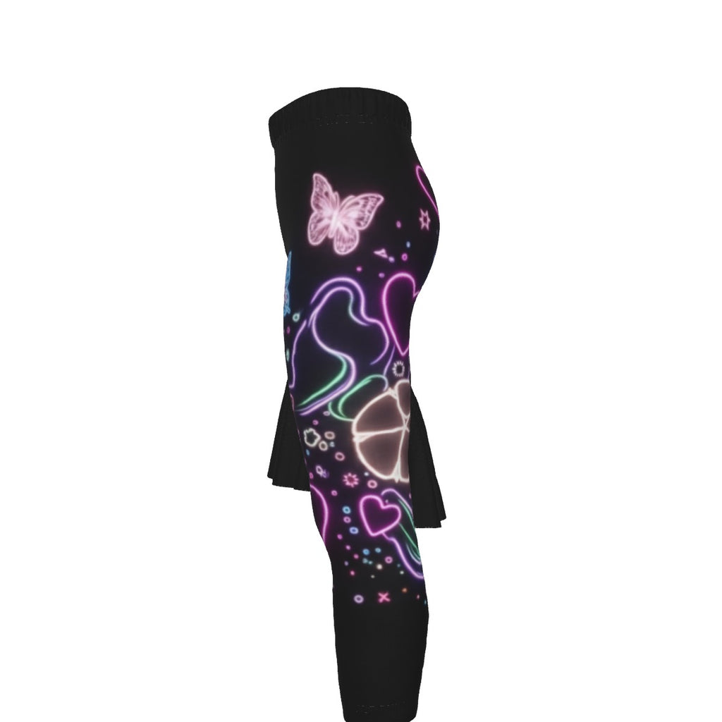 Leggings tuta bimba neri con stampa neon di cuori e farfalle, vita alta e orlo morbido