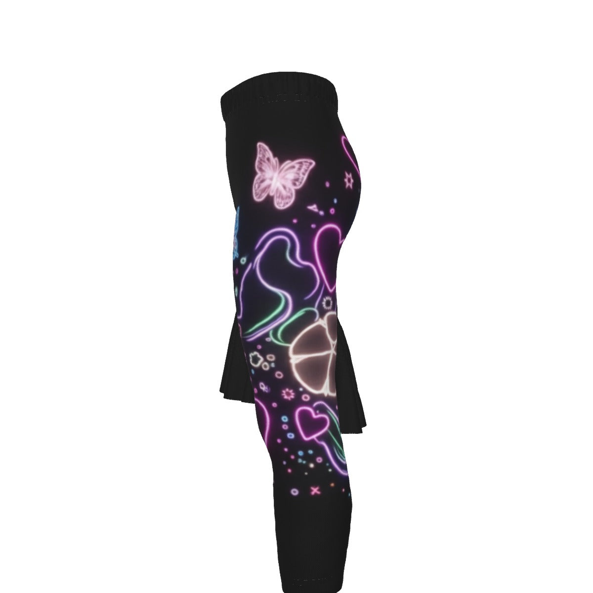 Leggings tuta bimba neri con stampa neon di cuori e farfalle, vita alta e orlo morbido