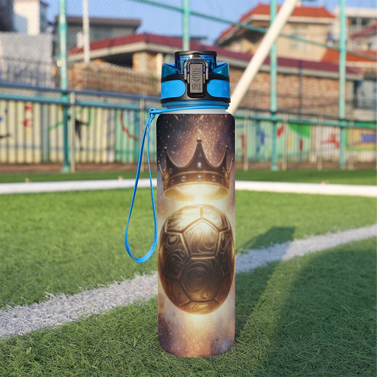 32 oz spor su şişesi; mavi kapak, uzay desenli, taşıma askılı