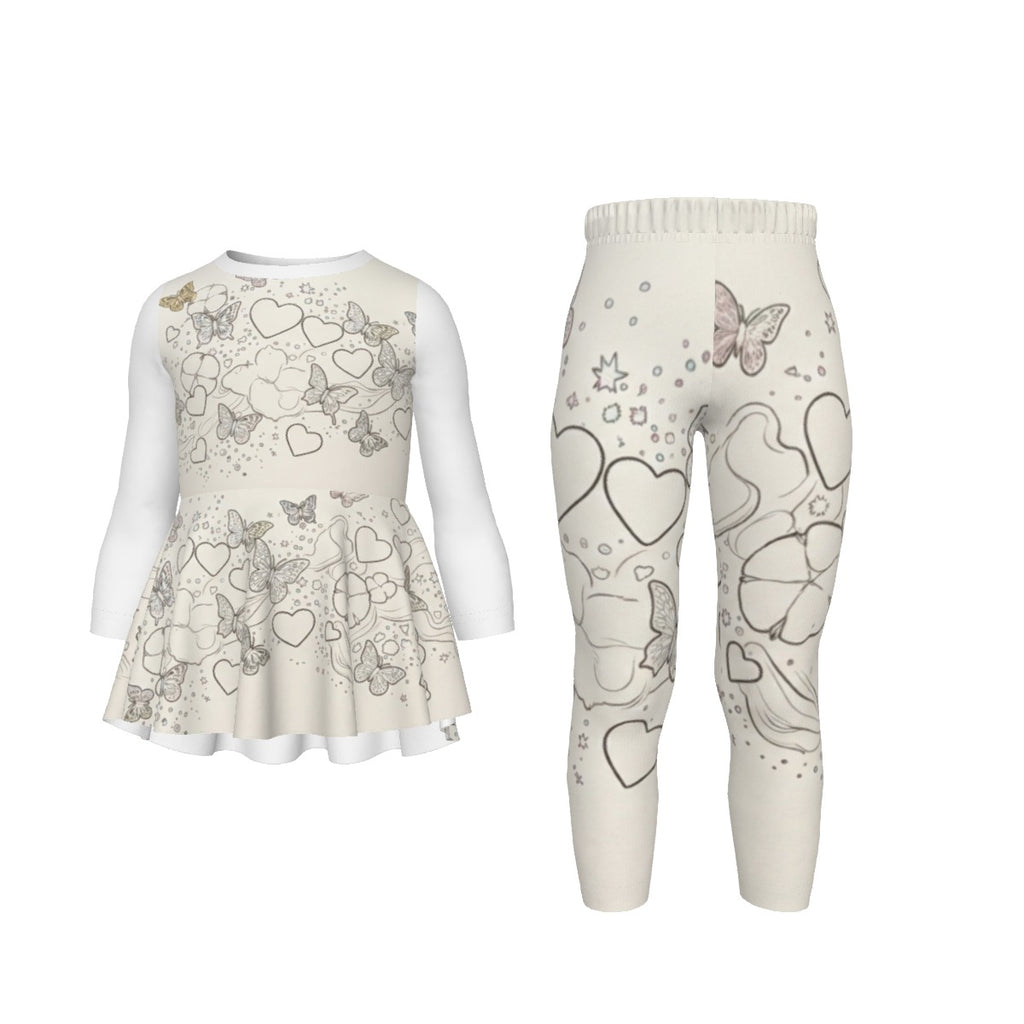 Tuta bambina bianca: top e pantaloni con fantasia cuori, stelle e farfalle