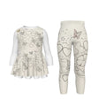 Tuta bambina bianca: top e pantaloni con fantasia cuori, stelle e farfalle