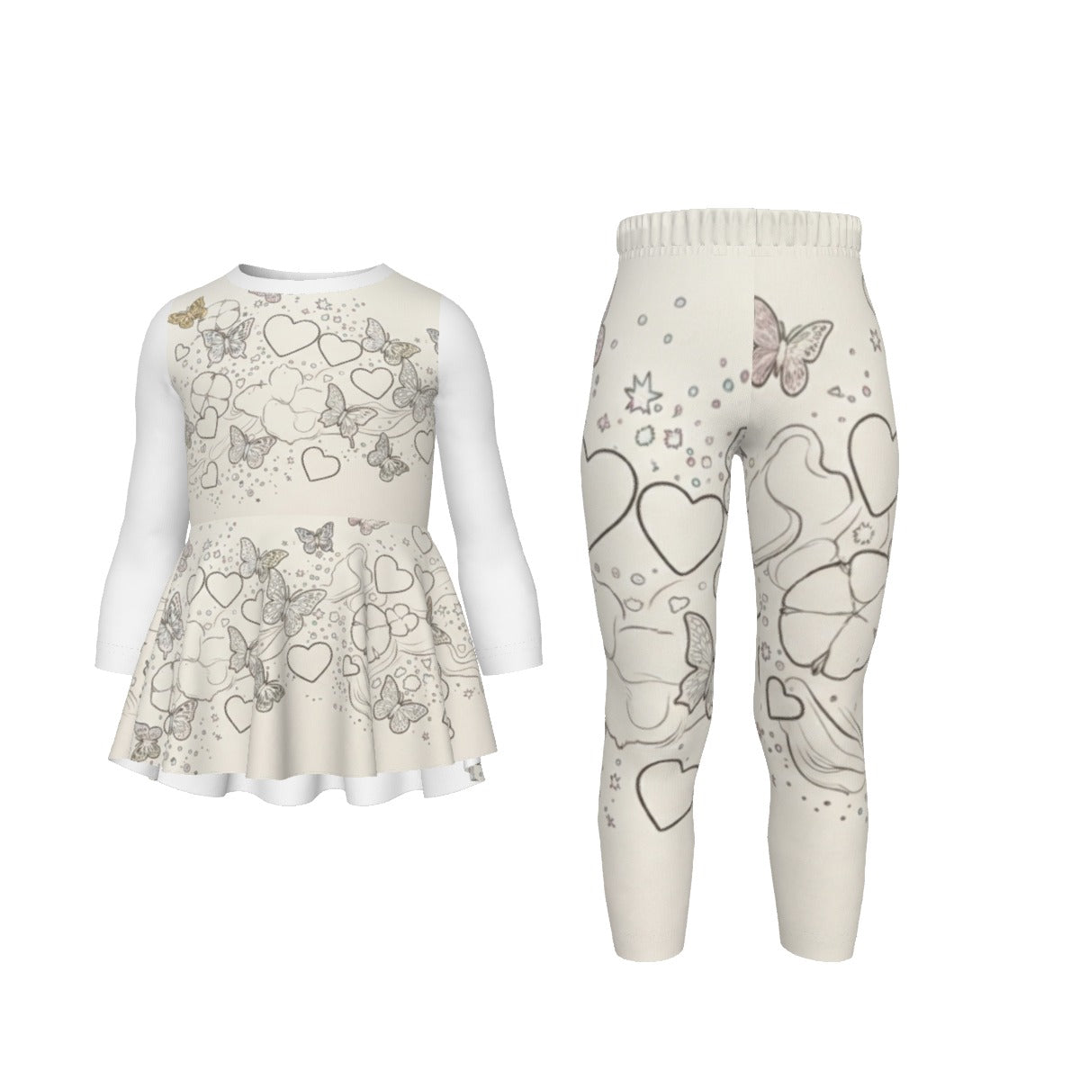 Tuta bambina bianca: top e pantaloni con fantasia cuori, stelle e farfalle