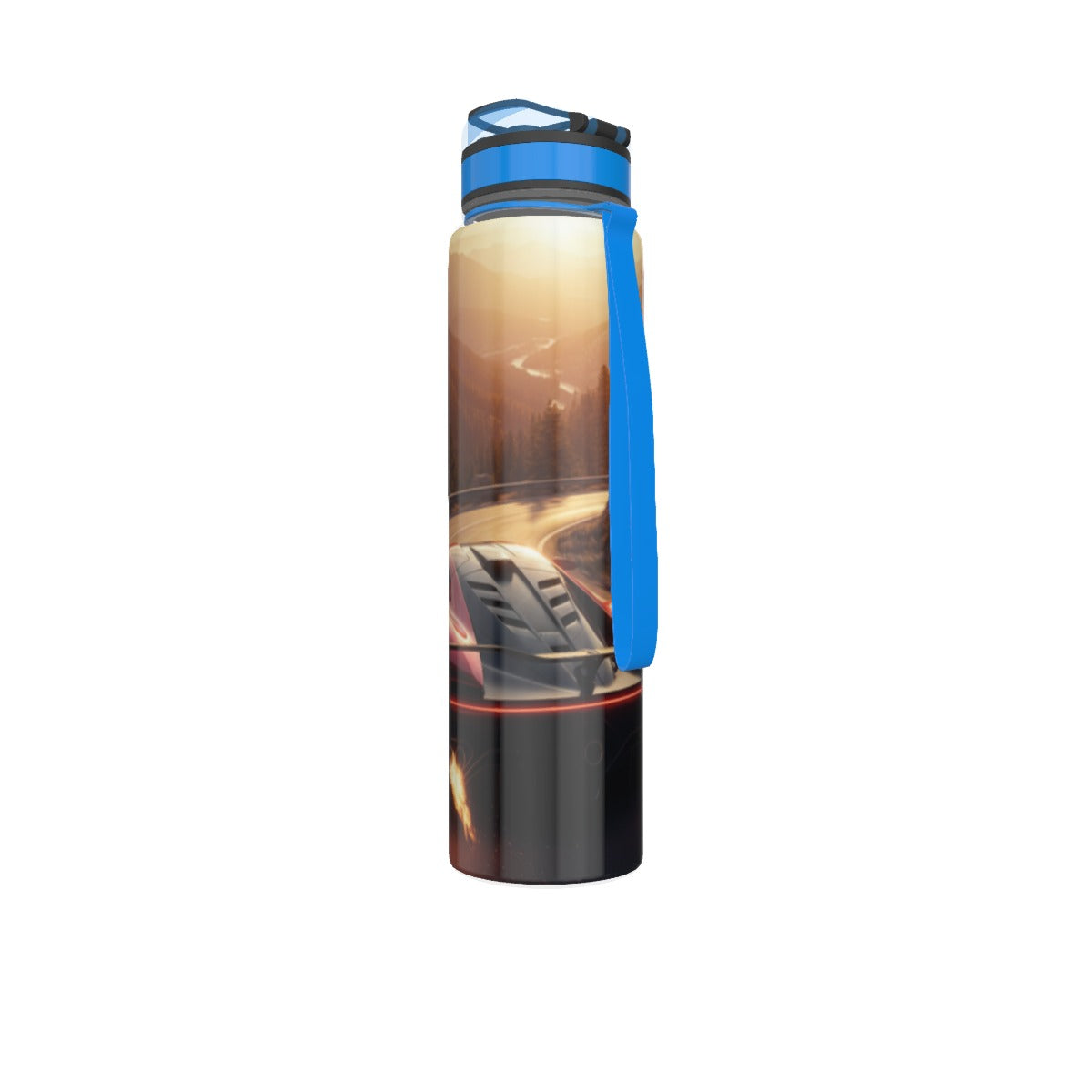 Borraccia sportiva 32 oz nera con maniglia blu e tappo blu, vista tre quarti