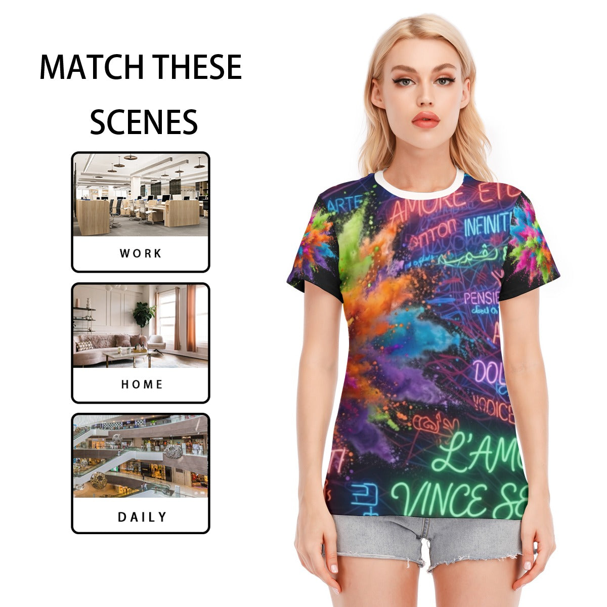 T-shirt donna girocollo a maniche corte, stampa multicolore su fondo scuro