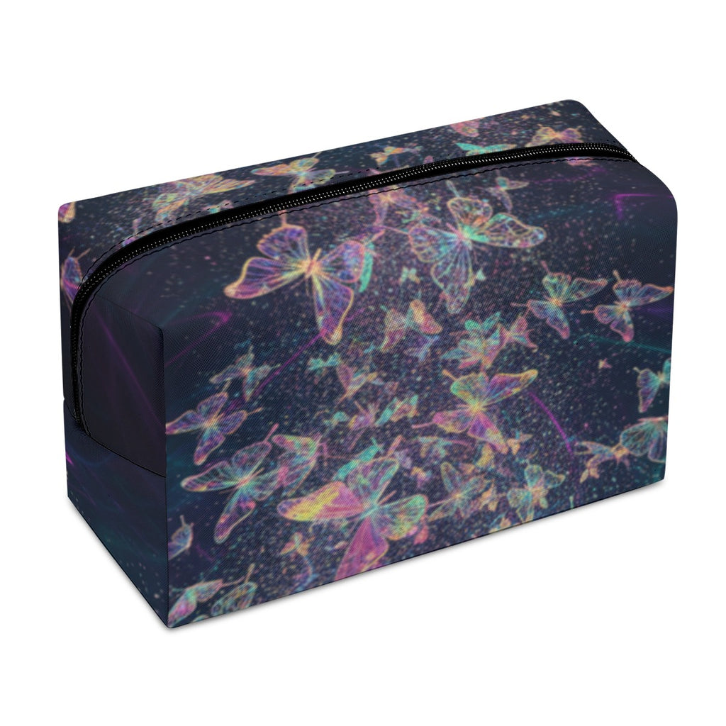 Astuccio cosmetici PU fantasia farfalle multicolore, zip superiore e profilo sagomato