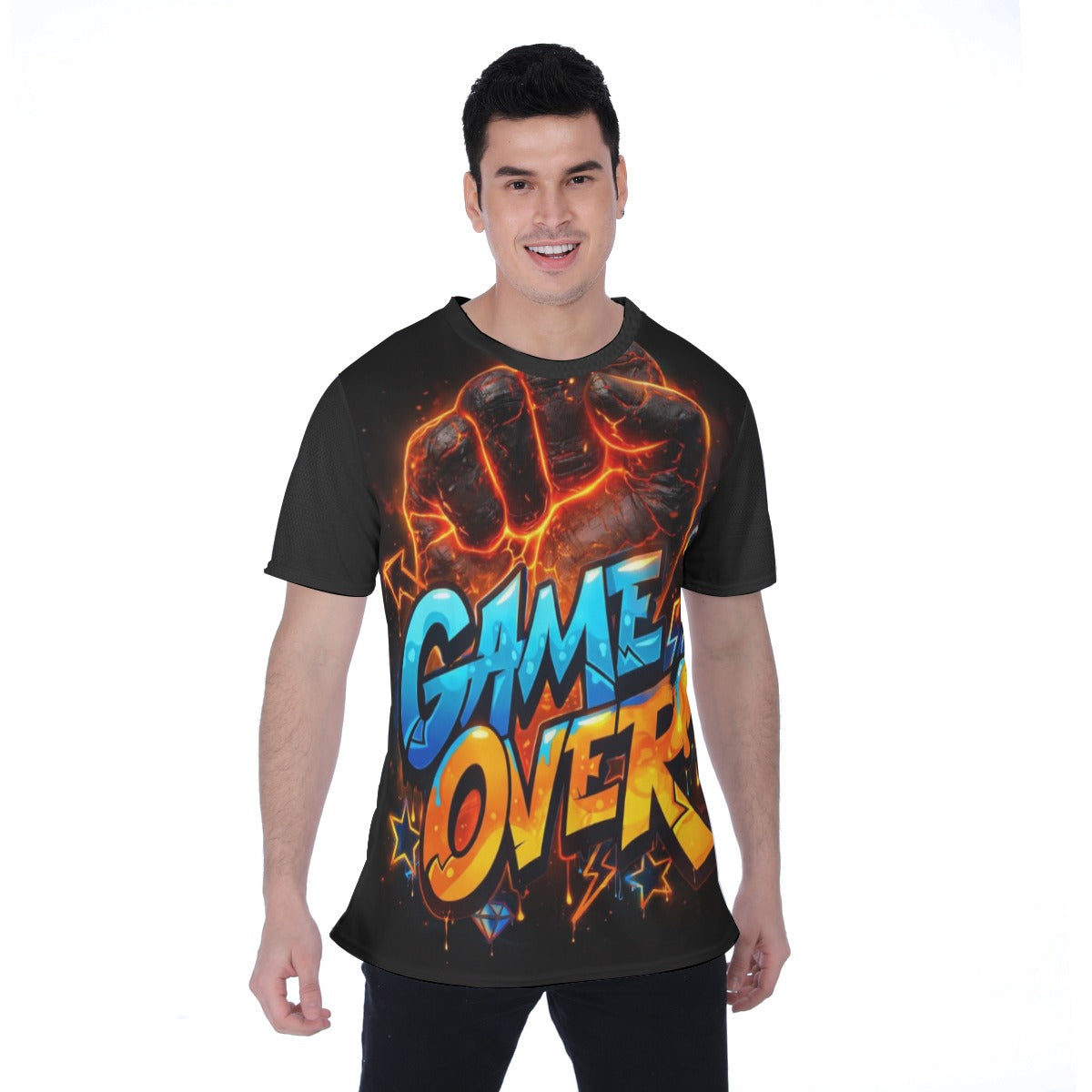 T-shirt nera uomo con stampa “GAME OVER” arancione e blu, vista frontale