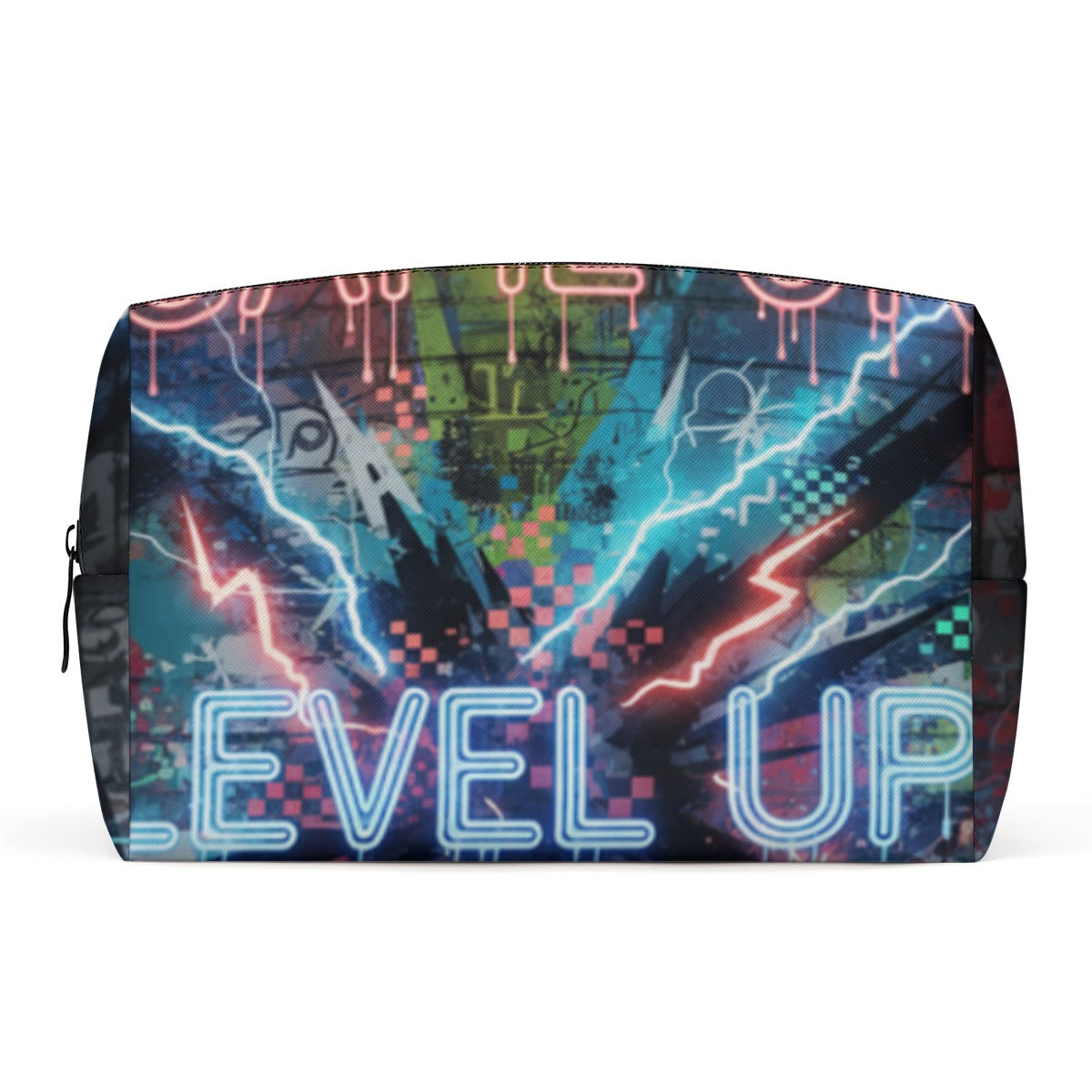 Borsa cosmetici in PU, stampa grafica neon, chiusura con zip nera