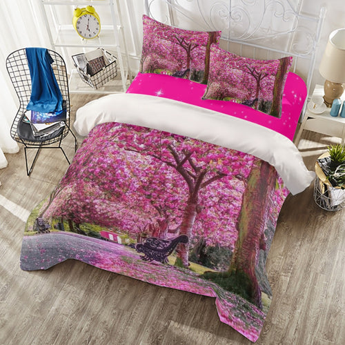 Copripiumino rosa con stampa alberi di ciliegio e fiori, più federe