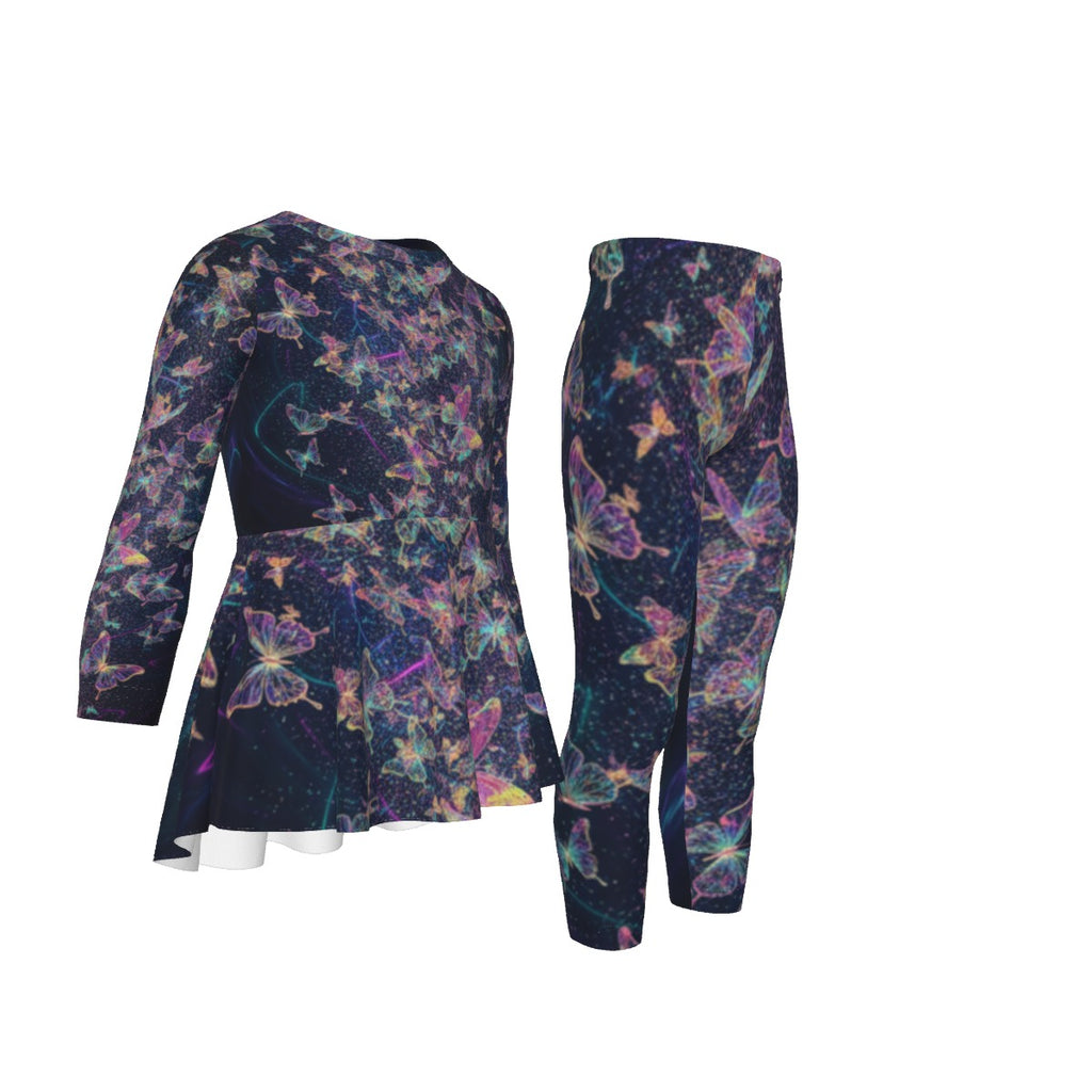 Tuta bambina davanti e dietro: tunica e pantaloni con fantasia farfalle multicolore