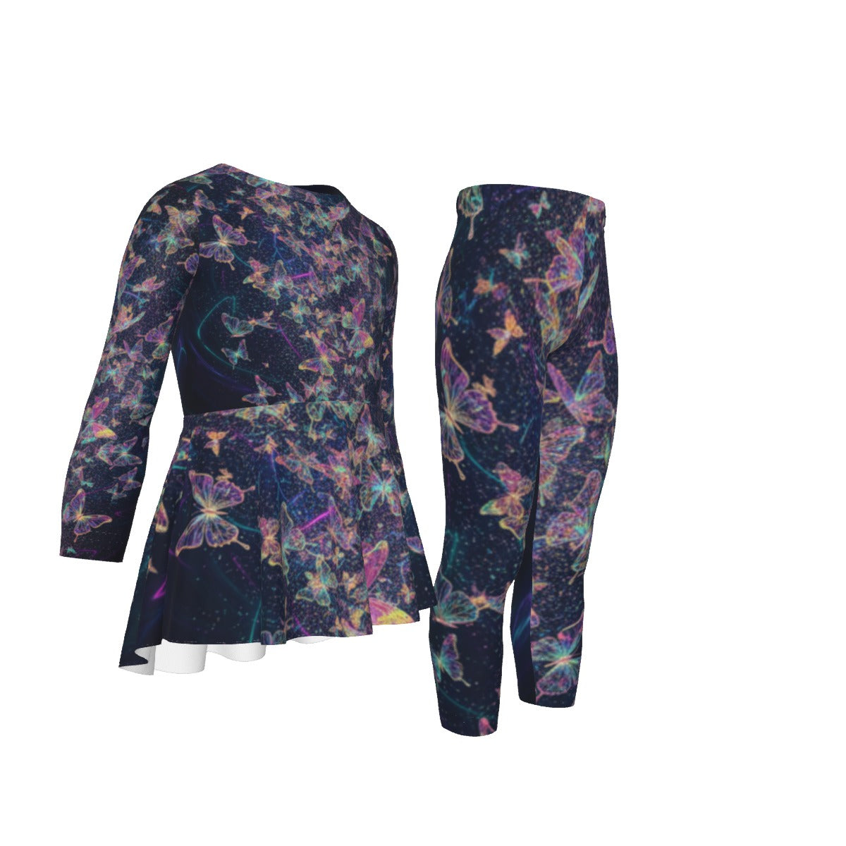 Tuta bambina davanti e dietro: tunica e pantaloni con fantasia farfalle multicolore