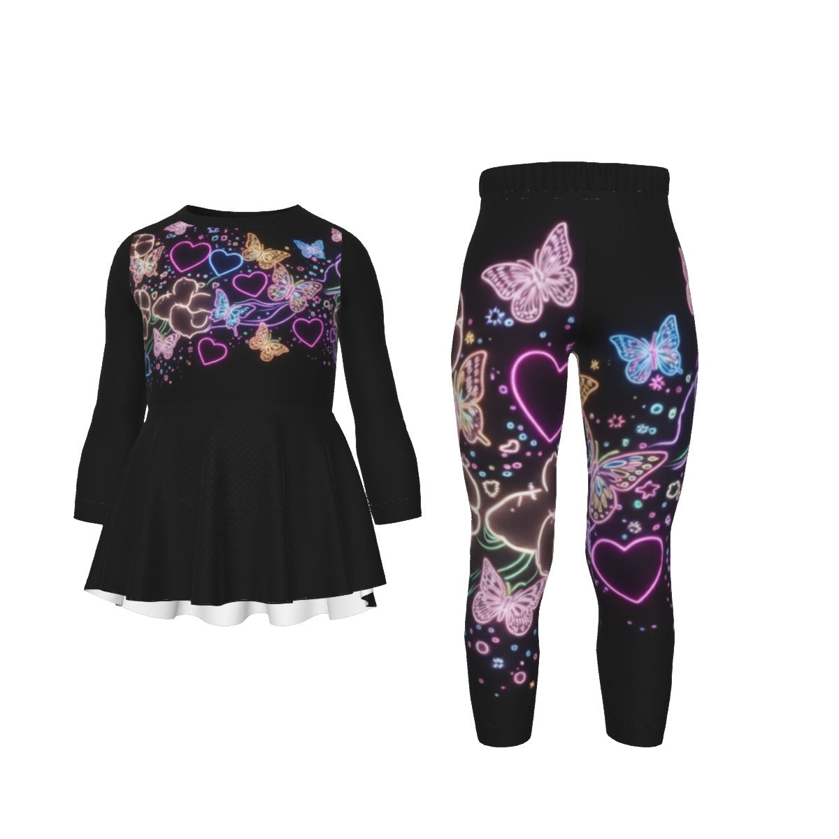 Abito tuta bimba nera con fantasia neon di cuori e farfalle, maniche lunghe e leggings