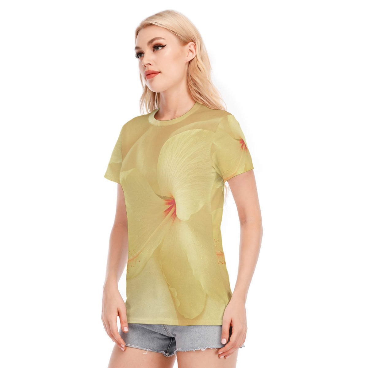 Maglietta donna giallo chiaro con stampa floreale, maniche corte e scollo rotondo