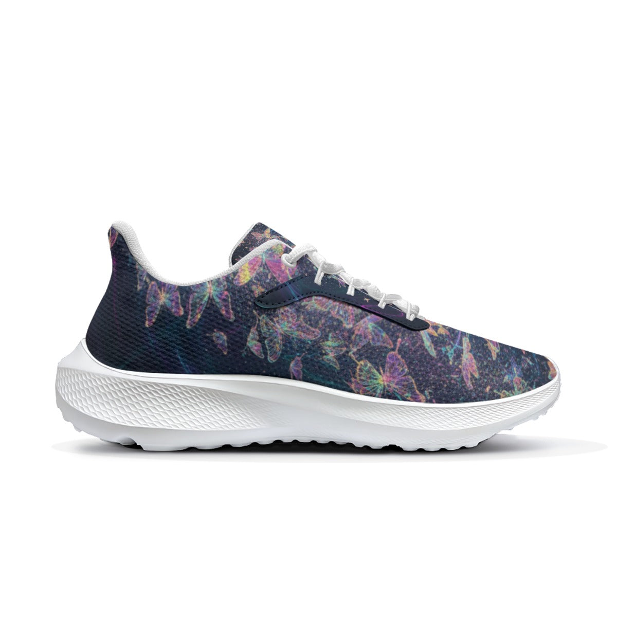 Scarpa da corsa da donna laterale con tomaia scura fantasia colorata e lacci bianchi