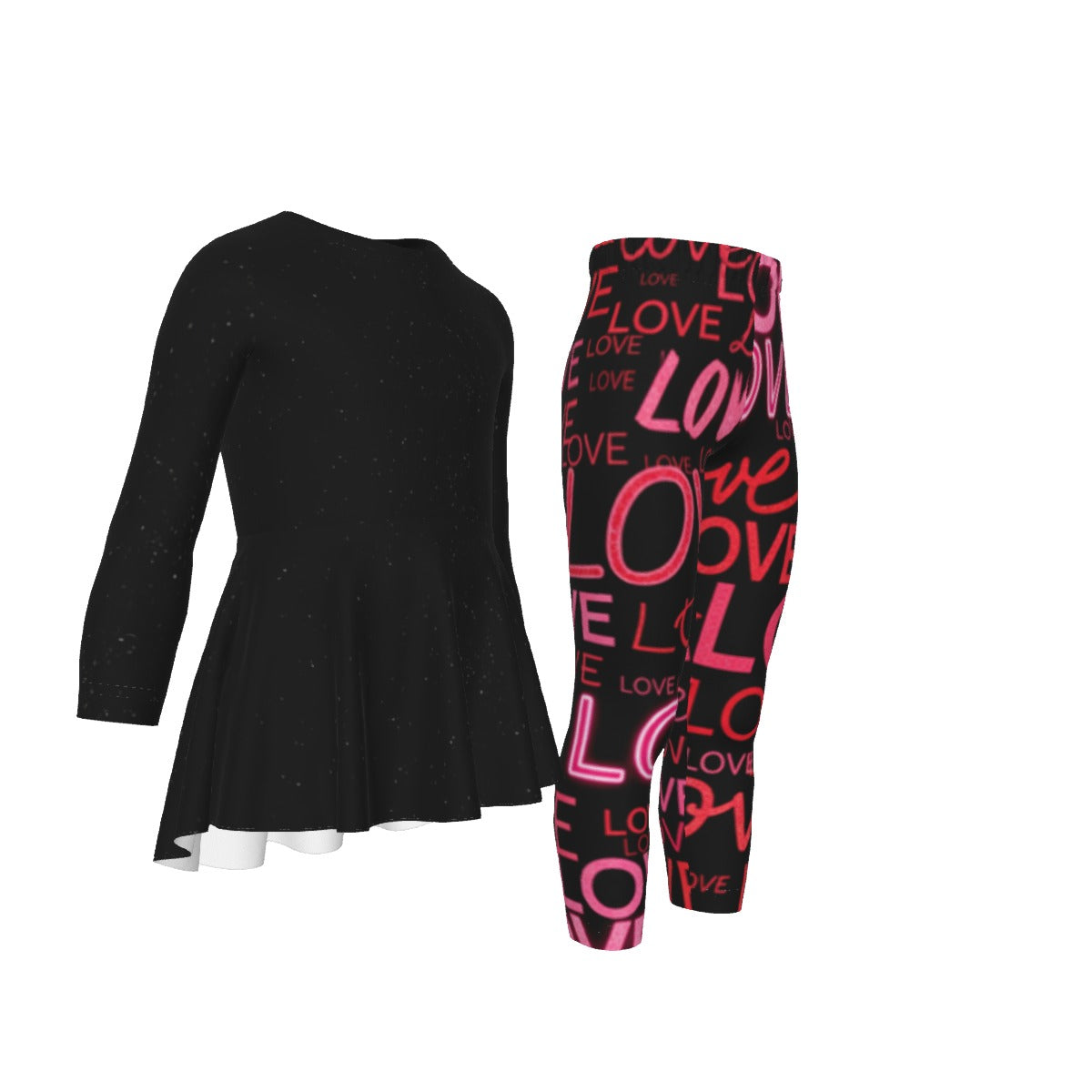 Tuta bambina: tunica nera maniche lunghe svasata e pantaloni LOVE rosa