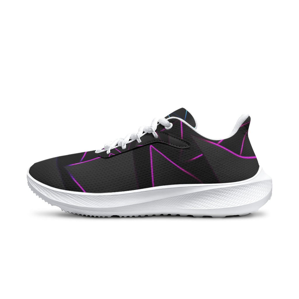 Scarpa da running da uomo nera con lacci bianchi e inserti viola, suola bianca