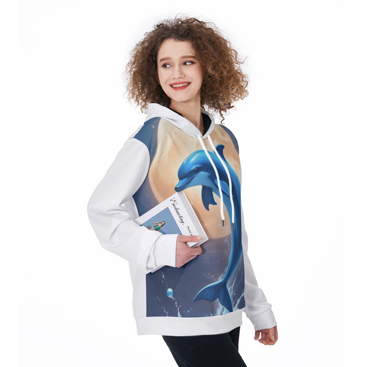 Felpa donna bianca con cappuccio e grafica blu, zip invisibile e tasca a marsupio