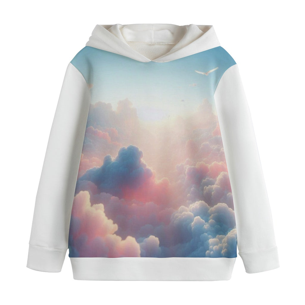 Felpa bambina con cappuccio e stampa nuvole su fondo bianco/azzurro