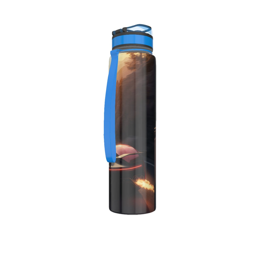 Borraccia sportiva 32 oz nera con tappo blu e anello di trasporto, vista laterale