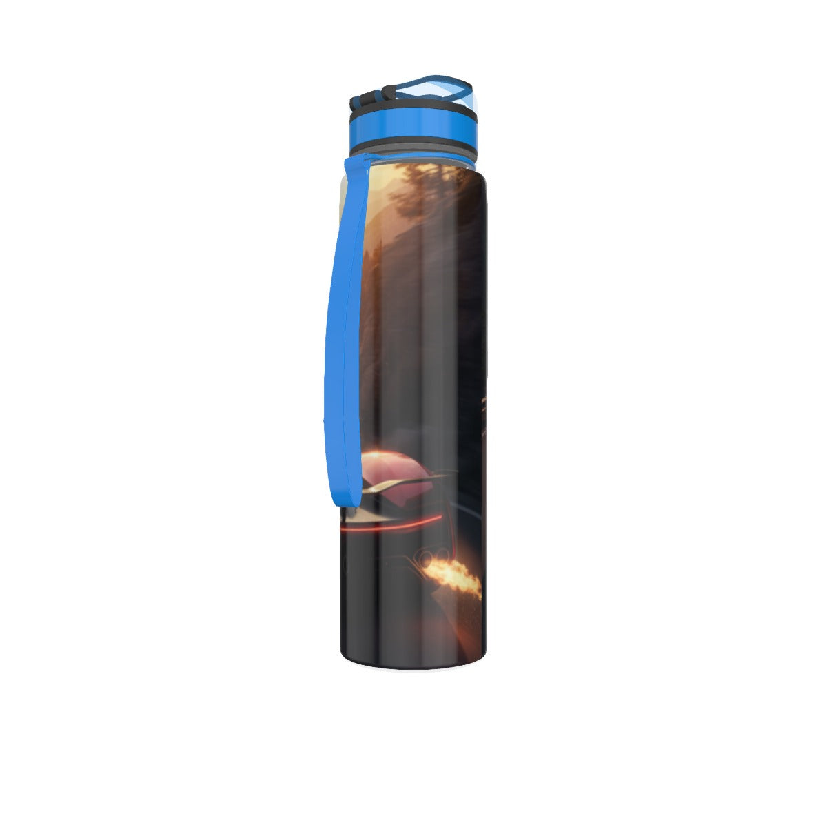 Borraccia sportiva 32 oz nera con tappo blu e anello di trasporto, vista laterale