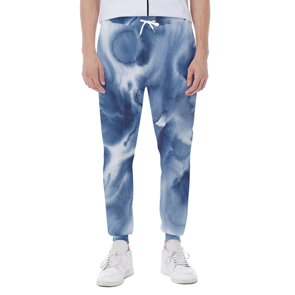Pantaloni uomo blu con stampa nuvola, vita con coulisse e polsini elasticizzati.