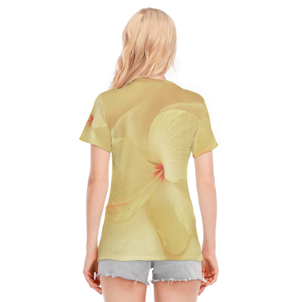 Maglietta donna giallo chiaro con stampa floreale sul retro e maniche corte
