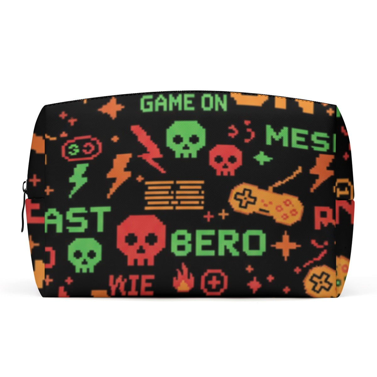 Borsa cosmetici in PU nera con zip e fantasia videogiochi multicolore