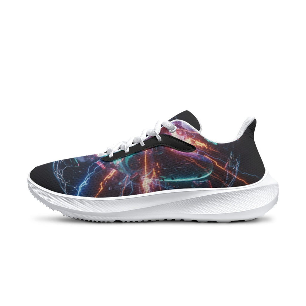 Scarpe da running uomo nere con motivo fulmini multicolore, lacci bianchi e suola bianca