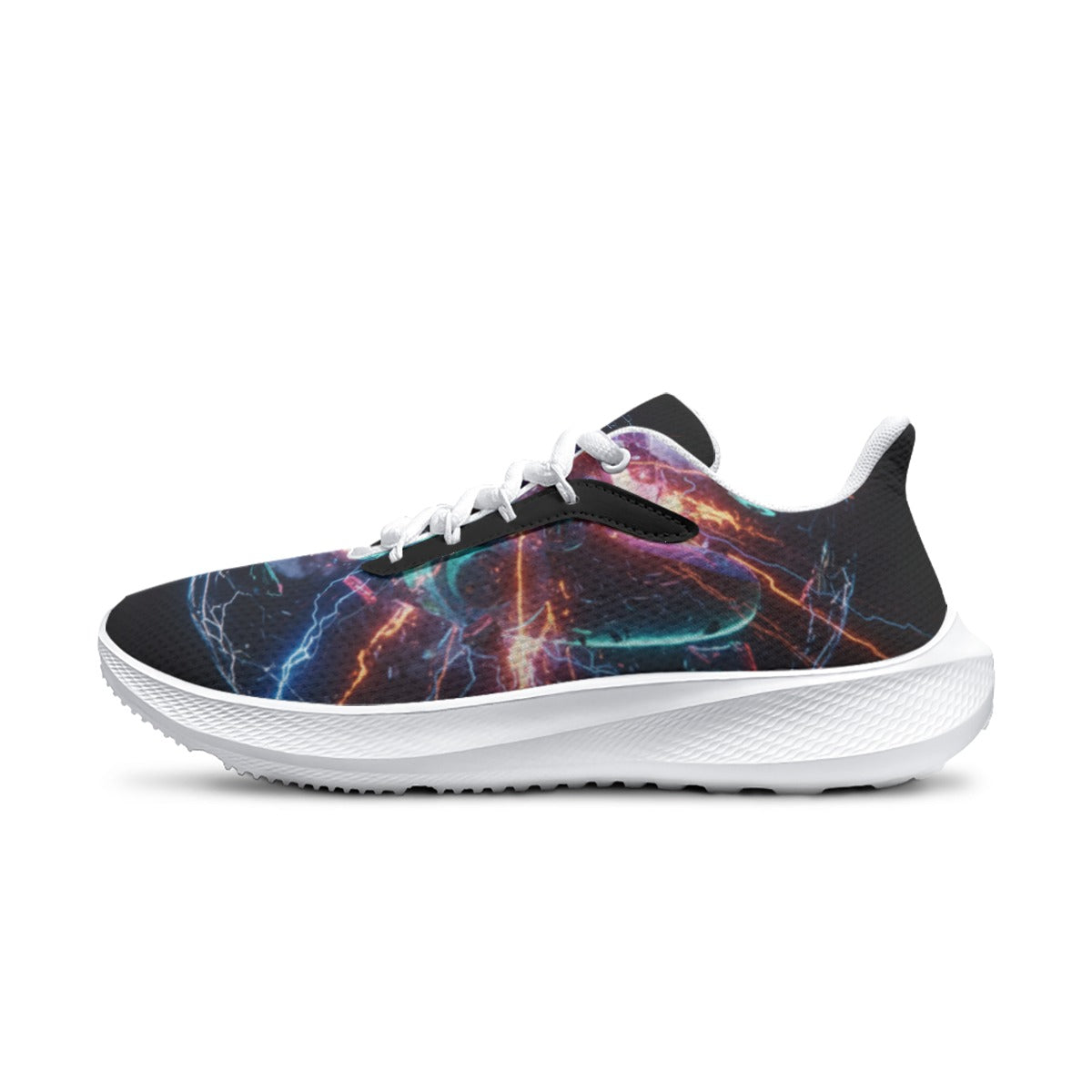 Scarpe da running uomo nere con motivo fulmini multicolore, lacci bianchi e suola bianca