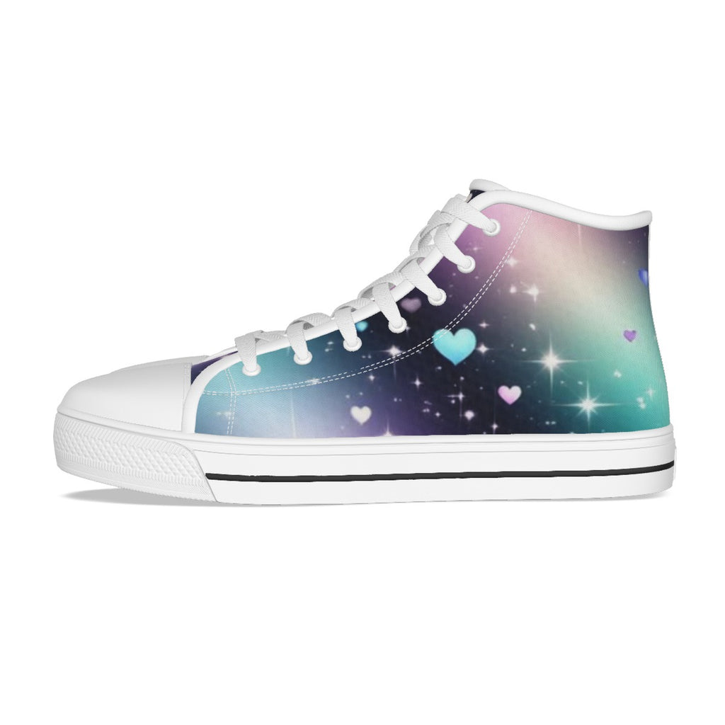 Scarpa alta in canvas bambina di lato, lacci bianchi, stampa spazio con cuori, suola bianca