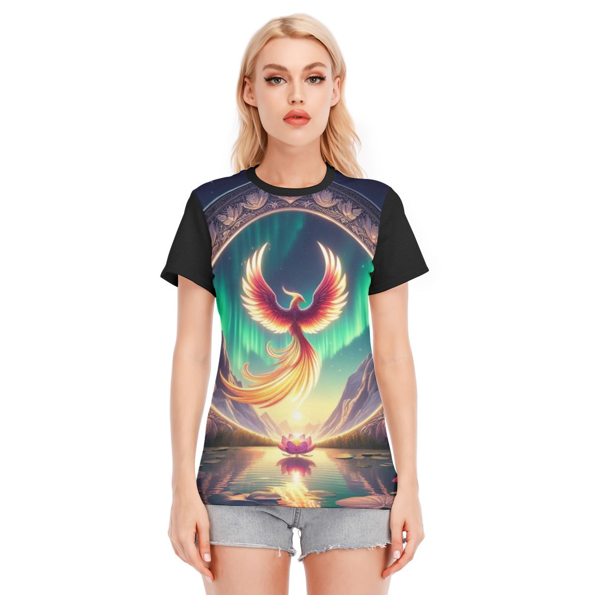 T-shirt donna nera con stampa fenice multicolore e girocollo