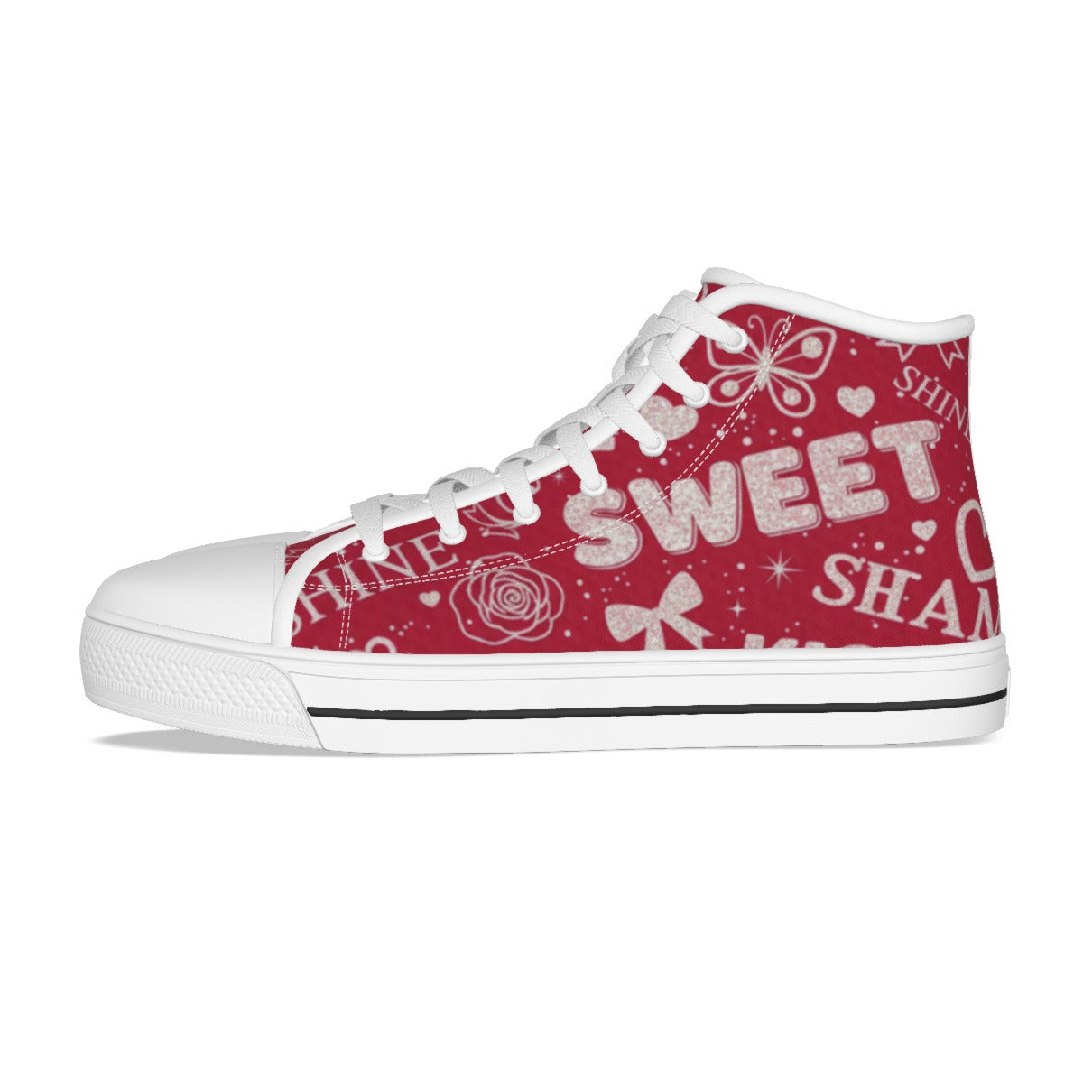 Scarpa alta rossa con stampa Sweet e rose, lacci bianchi e suola bianca